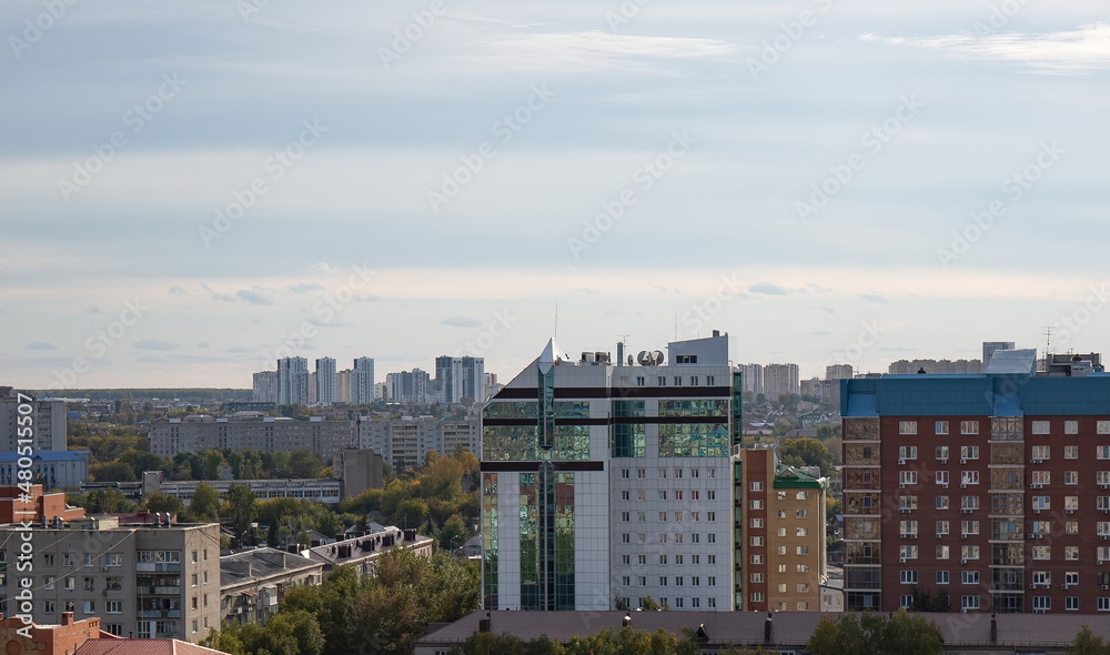 Beautiful view of the city from the height of Tsvetnoy Boulevard of Tyumen in autumn