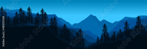 blue morning mountain flat design vector banner template good for web banner, ads banner, tourism banner, wallpaper, background template, and adventure design backdrop