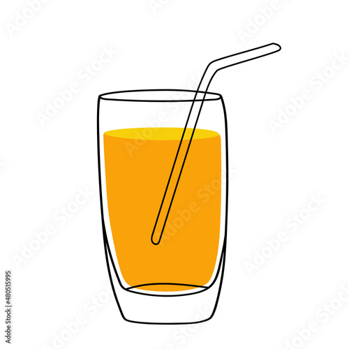 Orange juice glass with a straw in doodle style. Vector illustration.