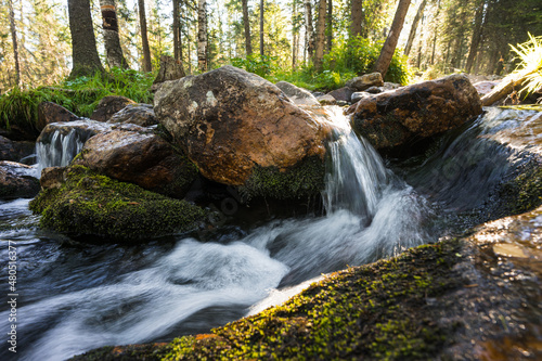 Beautiful waterfall in green forest in rays of light