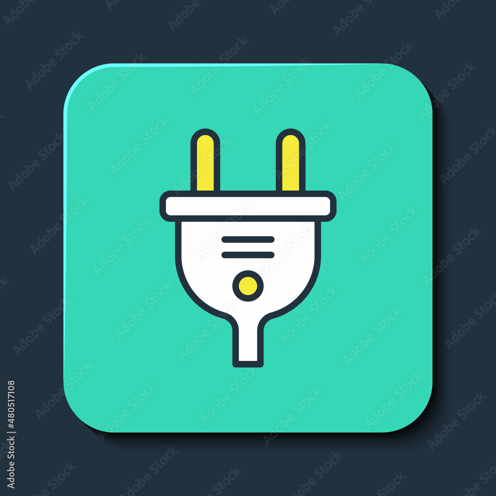 Filled outline Electric plug icon isolated on blue background. Concept of connection and disconnection of the electricity. Turquoise square button. Vector Filled outline Electric plug icon isolated on blue background. Concept of connection and disconnection of the electricity. Turquoise square button. Vector