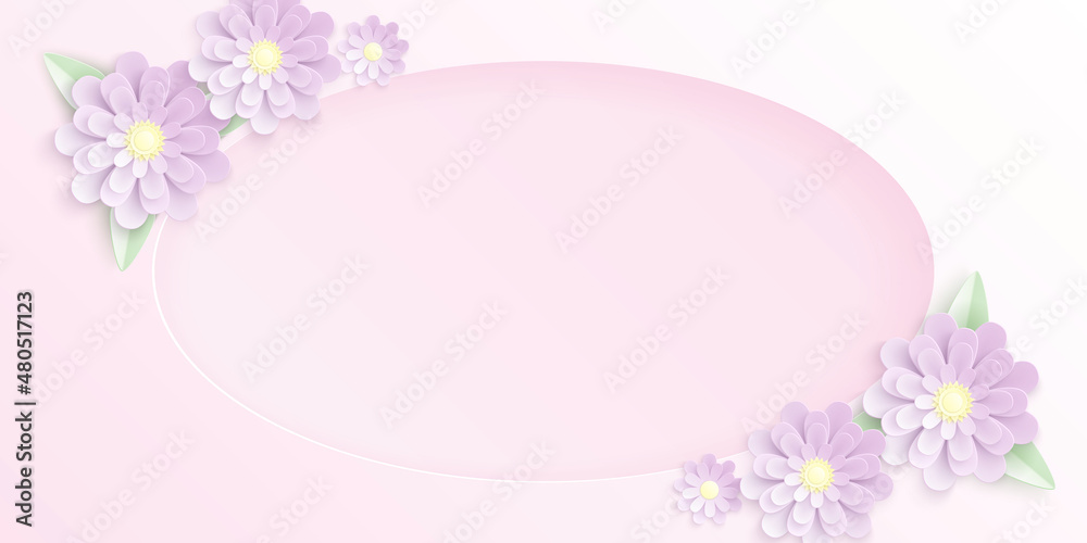 Cute pastel vector paper cut background with purple flowers, green leaves and an oval hole in center. Floral template design with violet layered elements for greeting card or wedding invitation