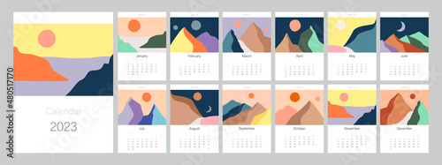 Calendar template for 2023. Vertical design with abstract natural boho landscapes. Editable illustration page template A4, A3, set of 12 months with cover. Vector mesh. Week starts on Sunday.