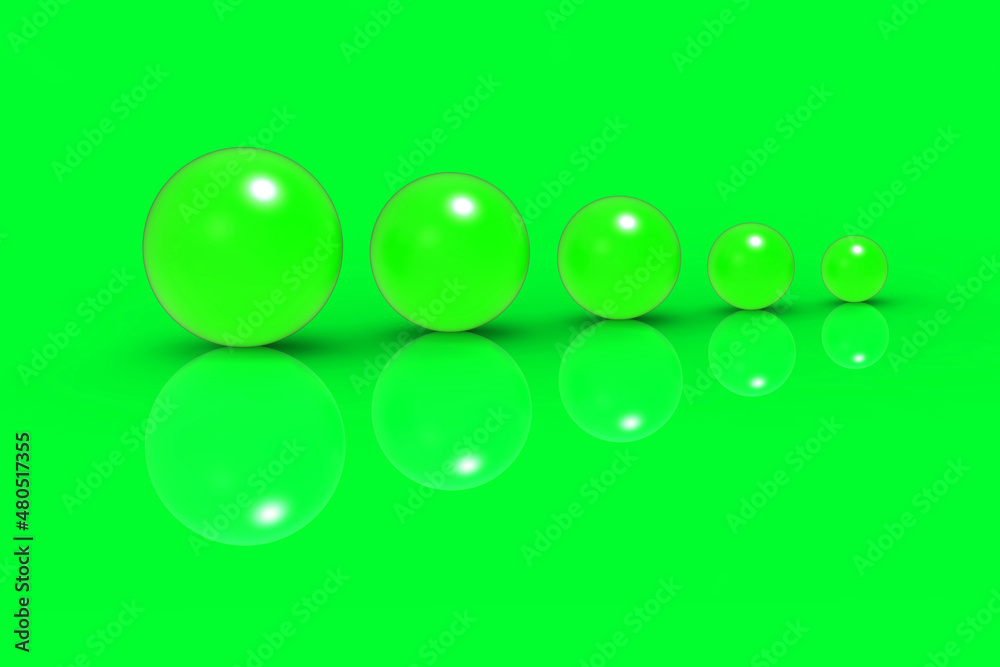 Five glass balls of different sizes of Neon Green color on Neon Green background. Growth of something. Progress. Horizontal image. 3D image. 3D rendering. Five glass balls of different sizes of Neon Green color on Neon Green background. Growth of something. Progress. Horizontal image. 3D image. 3D rendering.