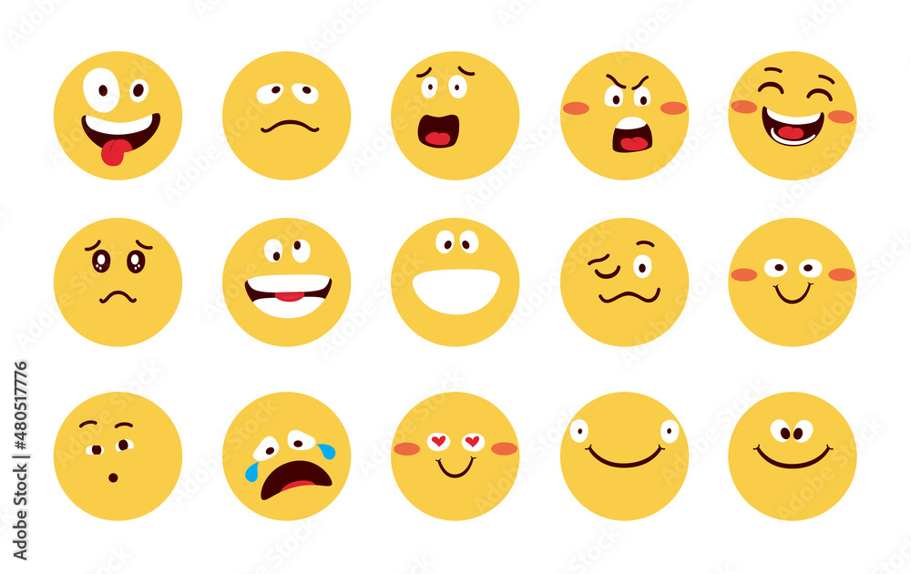 Emojis character vector set design. Emoji flat in yellow faces with happy, funny and angry facial expressions for cartoon emoticon reaction collection. Vector illustration.
Emojis character vector set design. Emoji flat in yellow faces with happy, funny and angry facial expressions for cartoon emoticon reaction collection. Vector illustration.