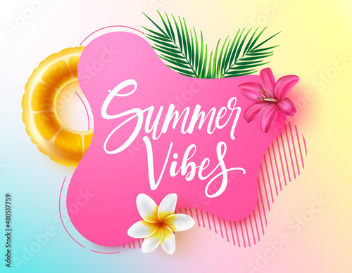 Summer vector template design. Summer vibes text in pink abstract space with flowers, floater and palm leaves for tropical season and pastel background decoration. Vector illustration.

