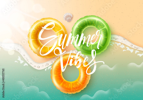 Summer holidays vector design. Summer vibes typography text in beach seashore with fruity floaters and sea shell tropical elements for relax outdoor vacation. Vector illustration.
