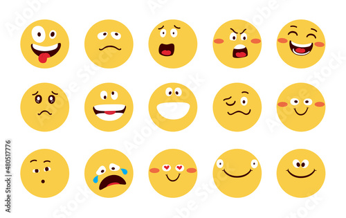 Emojis character vector set design. Emoji flat in yellow faces with happy, funny and angry facial expressions for cartoon emoticon reaction collection. Vector illustration.
