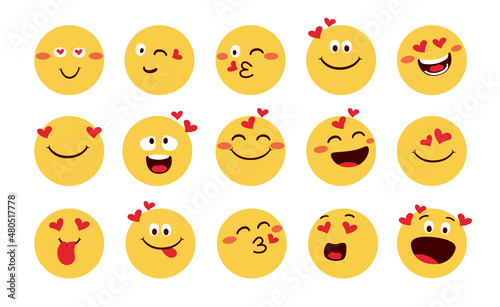 Emoji in love vector set design. Emojis emoticon with in love, blushing and happy face reaction isolated in white background for valentine emoticons character collection. Vector illustration.
