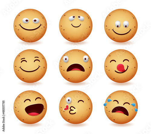 Cookies emoji vector set design. Cookie emojis with happy and funny face reaction isolated in white background for cute ginger bread faces characters collection. Vector illustration. 