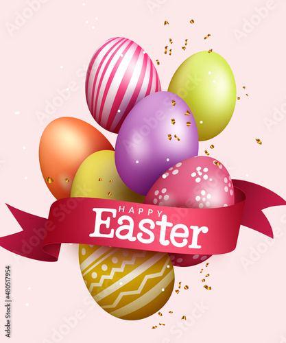 Easter egg season vector concept design. Happy easter text in ribbon lasso with 3d colorful and abstract pattern eggs for seasonal holiday celebration greeting decor. Vector illustration.
