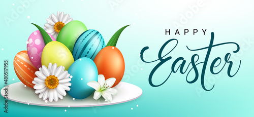 Easter eggs season vector design. Happy easter text with bunch of colorful egg pattern, daisy flower and leaves element in blue background for seasonal holiday celebration greeting.