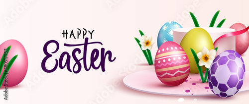 Easter eggs vector background design. Happy easter text with 3d realistic eggs in colorful and abstract pattern for holiday season ornament decoration. Vector illustration.  © ZeinousGDS