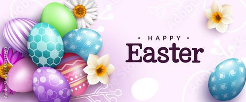 Easter season vector background design. Happy easter text in decorative background with eggs pattern and flower elements for egg hunting seasonal celebration greeting. Vector illustration.
