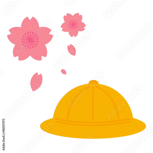 新入生がかぶる黄色い通学帽子と桜の花のベクターイラスト素材