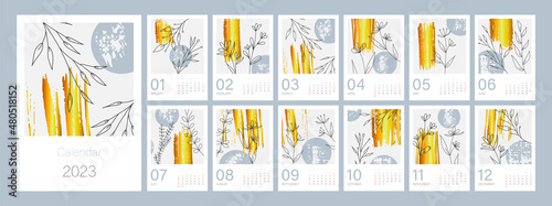Botanical calendar template for 2023. Vertical gold luxury design with floral branch. Editable illustration page template A4, A3, set of 12 months with cover. Vector mesh. Week starts on Sunday.