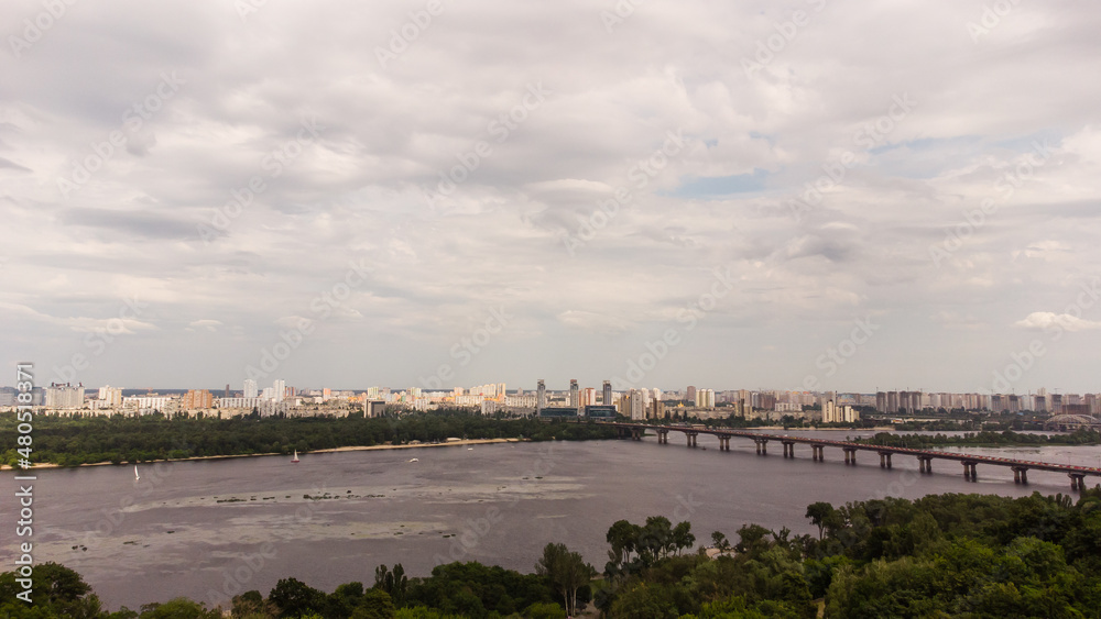 Panorama of Kiev with Dniepr river, Kiev-Pechersk Lavra monastery. Kiev, Ukraine.