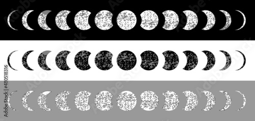 Moon phases textured astronomy silhouette set. Lunar month phases change.