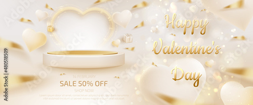 Valentine day sale banner template with 3d heart shape decorations and podium for product display.