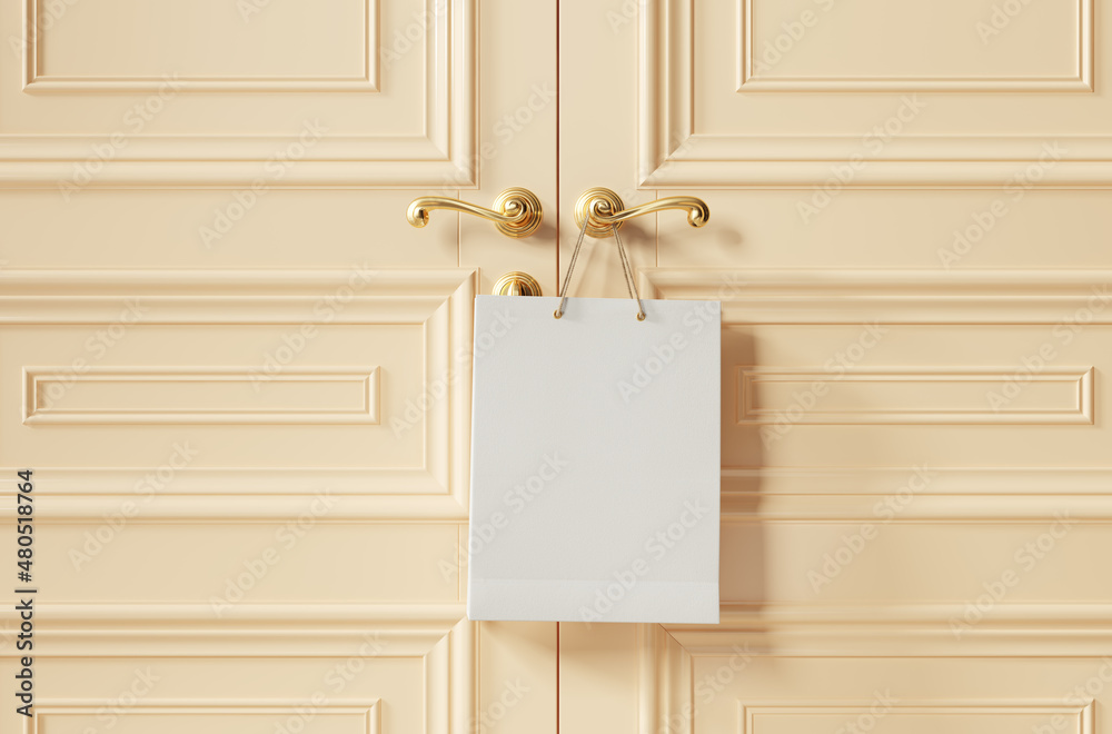 White paper shopping bag hang on the doors. 3d illustration White paper shopping bag hang on the doors. 3d illustration