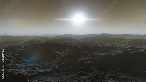 Fototapeta Naklejka Na Ścianę i Meble -  Exoplanet fantastic landscape. Beautiful views of the mountains and sky with unexplored planets. 3D illustration