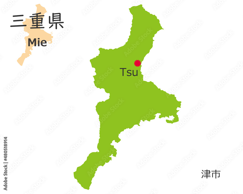Obraz premium 日本の三重県、手描き風のかわいい地図、県庁のある都市