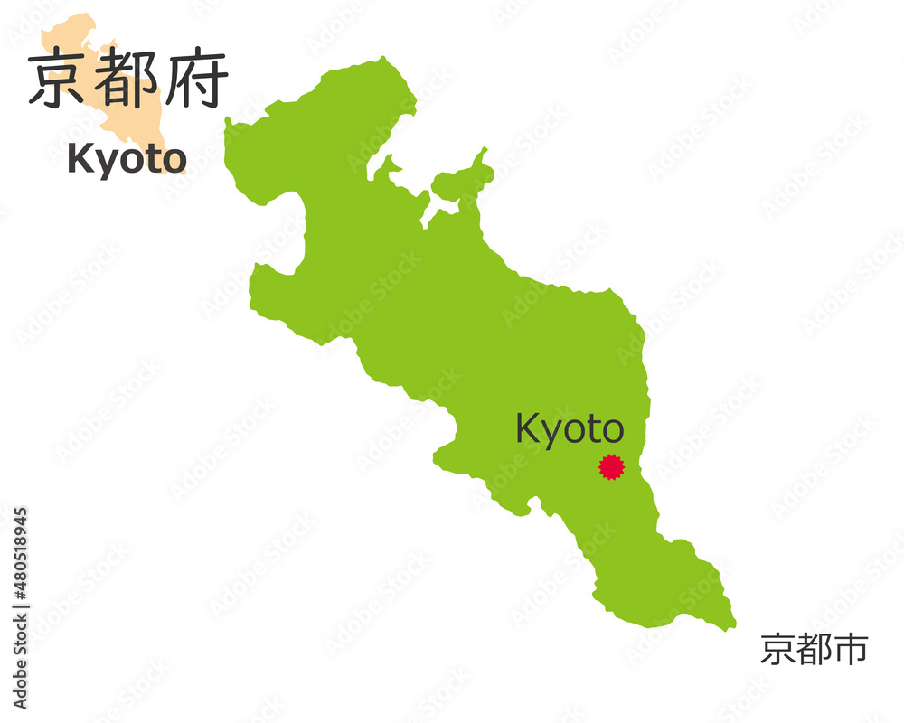 日本の京都府、手描き風のかわいい地図、県庁のある都市