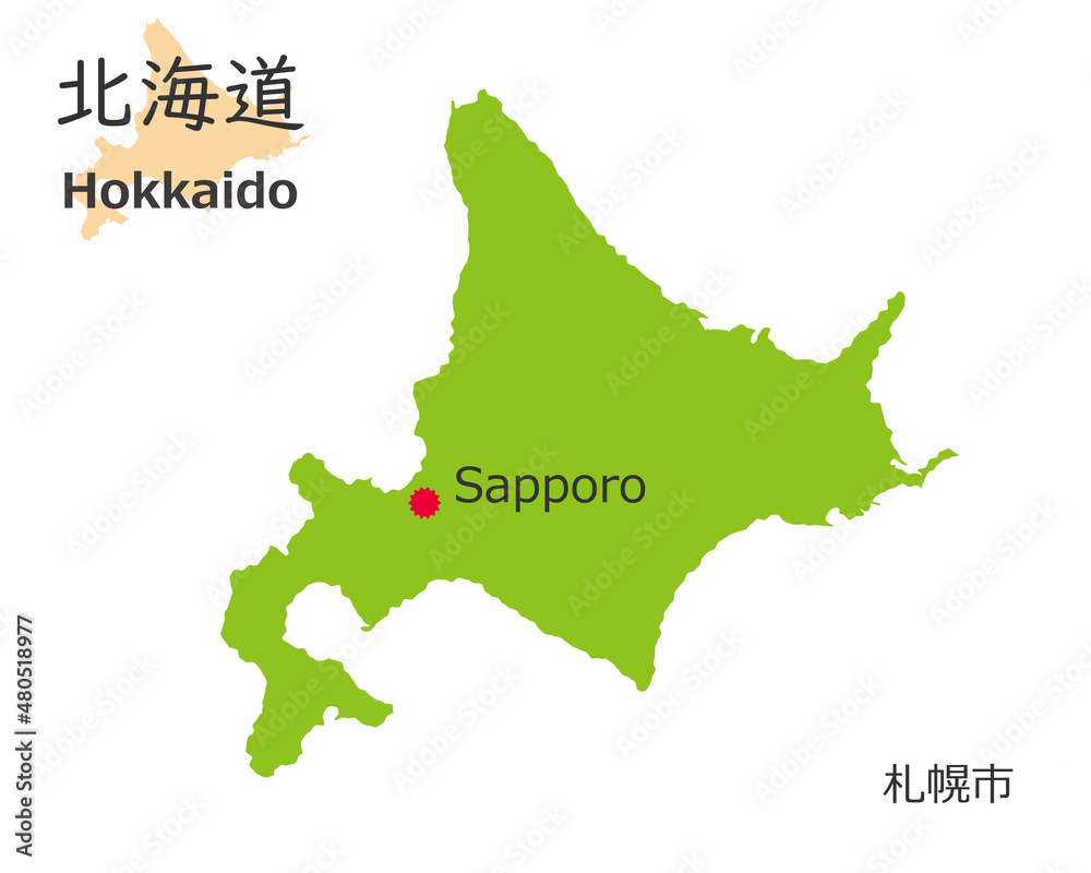 Obraz 日本の北海道、手描き風のかわいい地図、県庁のある都市