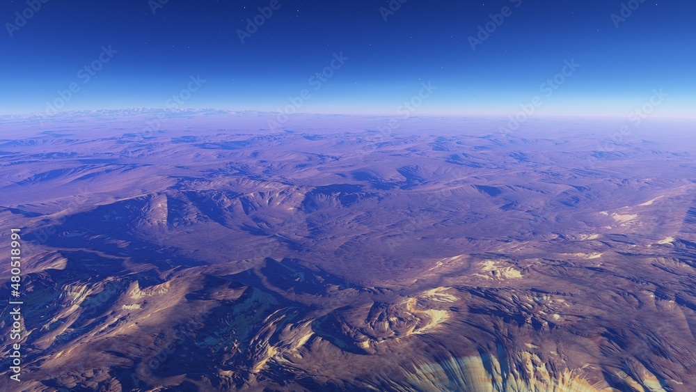 Exoplanet fantastic landscape. Beautiful views of the mountains and sky with unexplored planets. 3D illustration Exoplanet fantastic landscape. Beautiful views of the mountains and sky with unexplored planets. 3D illustration