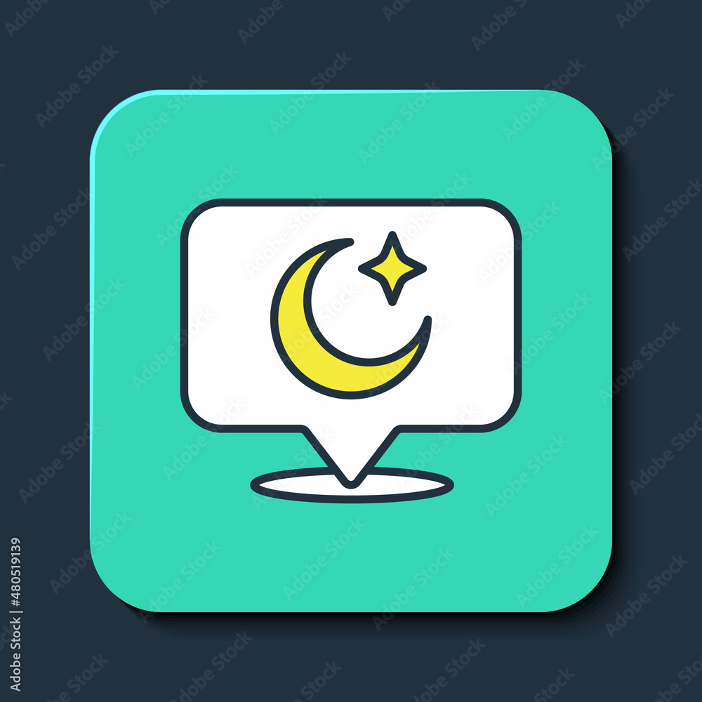 Filled outline Moon and stars icon isolated on blue background. Cloudy night sign. Sleep dreams symbol. Full moon. Night or bed time sign. Turquoise square button. Vector Filled outline Moon and stars icon isolated on blue background. Cloudy night sign. Sleep dreams symbol. Full moon. Night or bed time sign. Turquoise square button. Vector