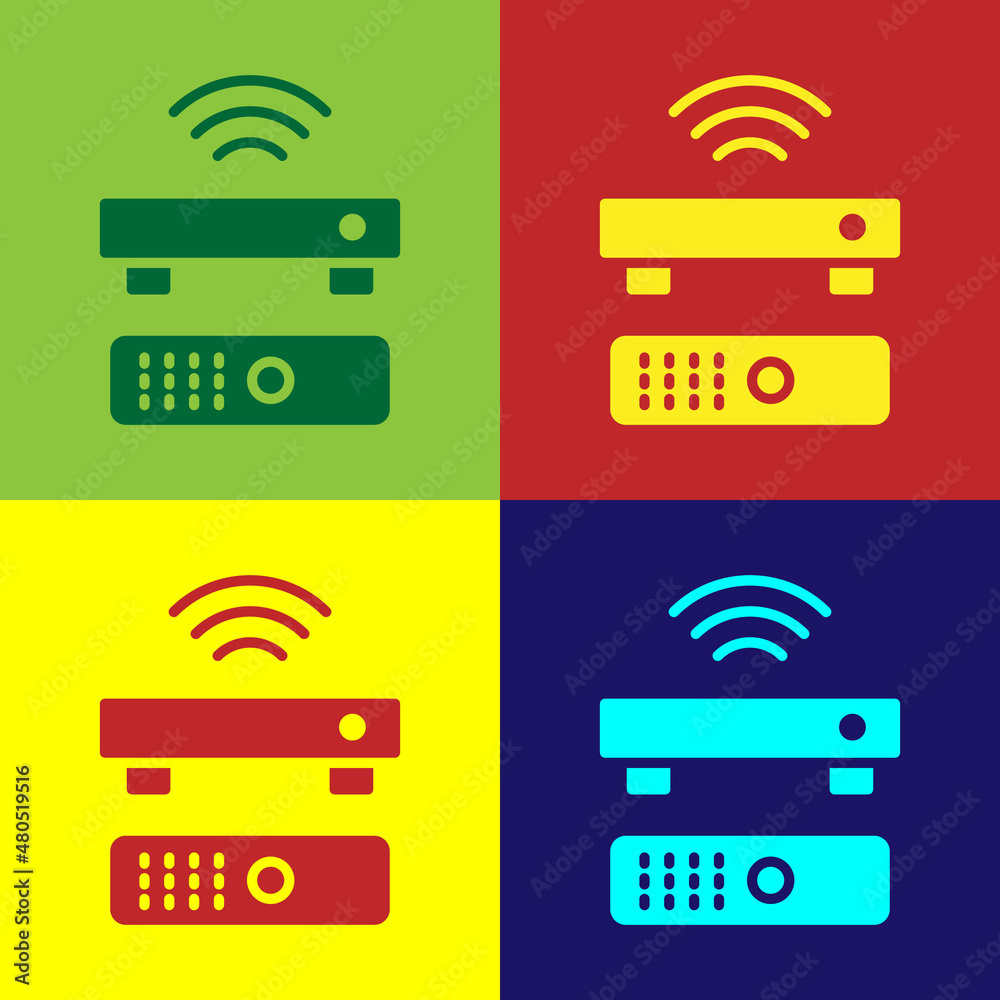 Pop art Wireless multimedia and TV box receiver and player with remote controller icon isolated on color background. Vector Pop art Wireless multimedia and TV box receiver and player with remote controller icon isolated on color background. Vector