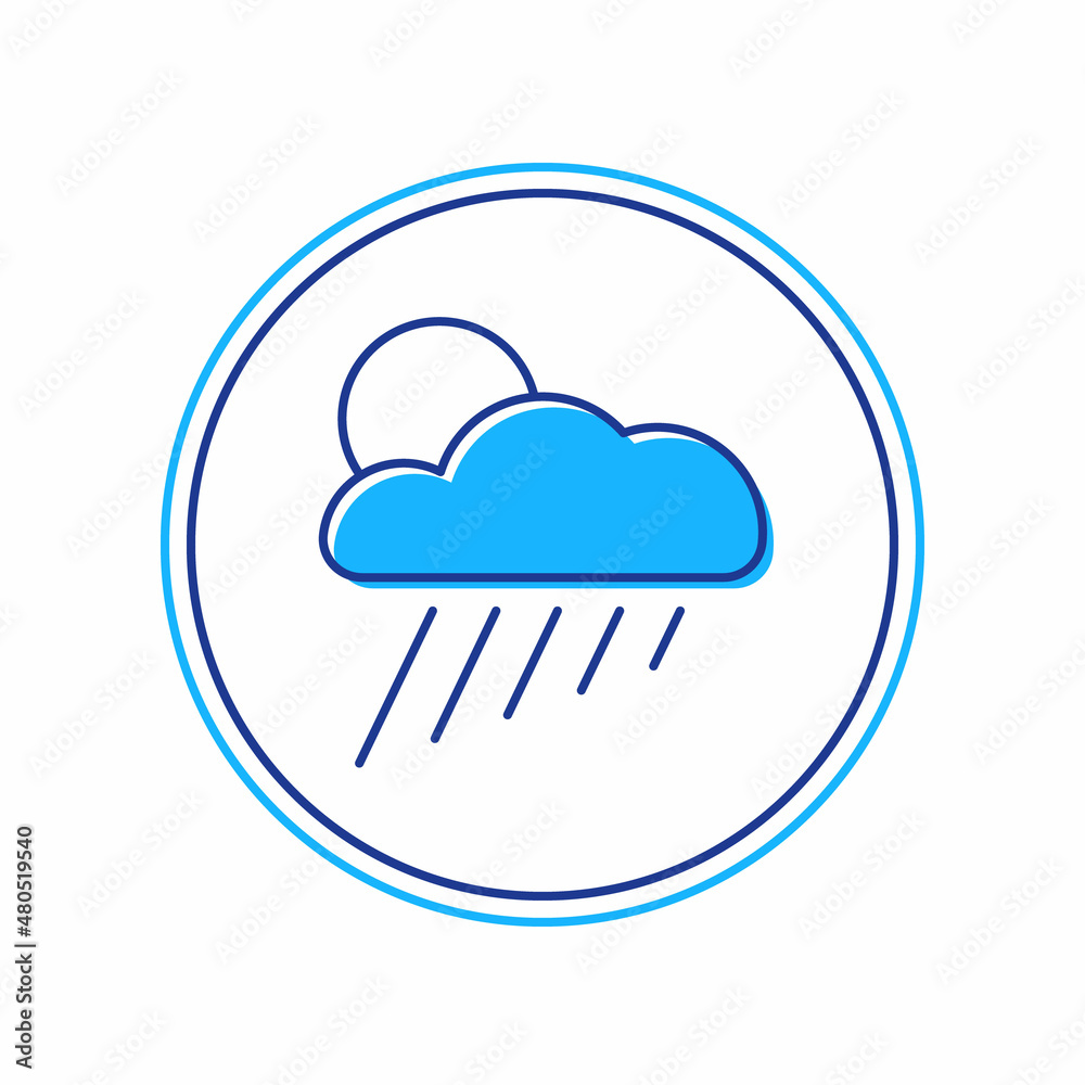 Filled outline Cloud with rain and sun icon isolated on white background. Rain cloud precipitation with rain drops. Vector Filled outline Cloud with rain and sun icon isolated on white background. Rain cloud precipitation with rain drops. Vector