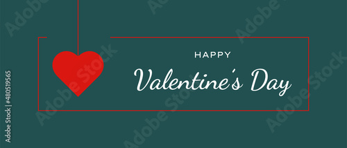 Happy Valentines Day banner. Lettering and hanging heart. Vector illustration.