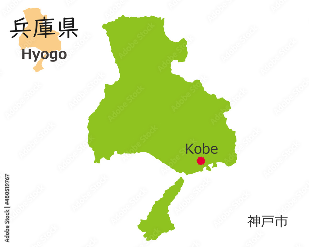 Fototapeta premium 日本の兵庫県、手描き風のかわいい地図、県庁のある都市