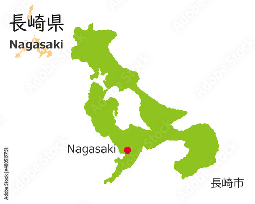 日本の長崎県、手描き風のかわいい地図、県庁のある都市