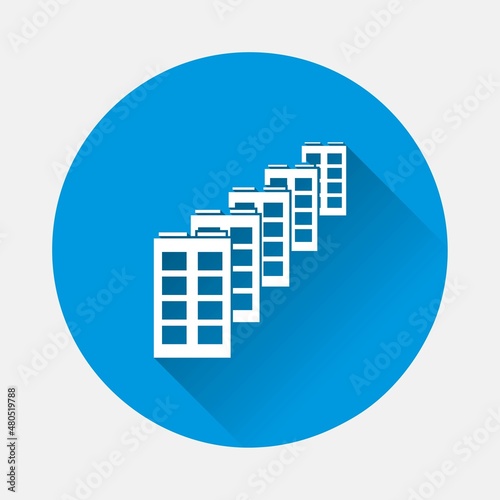 Vector icon multistory building, city district icon on blue background. Flat image with long shadow. Layers grouped for easy editing illustration. For your design.