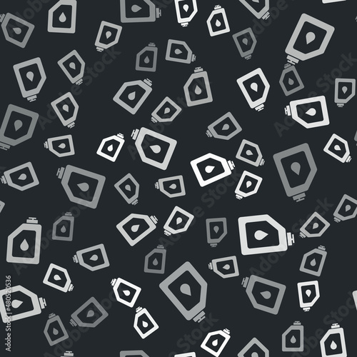 Grey Canister for motor machine oil icon isolated seamless pattern on black background. Oil gallon. Oil change service and repair. Engine oil sign. Vector