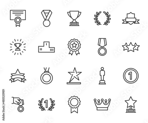 Vector set of award line icons. Contains icons medal, first place, diploma, trophy, statuette, crown, laurel wreath and more. Pixel perfect.