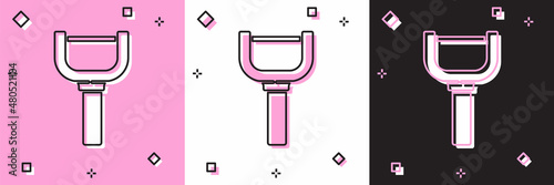 Set Peeler icon isolated on pink and white, black background. Knife for cleaning of vegetables. Kitchen item, appliance. Vector