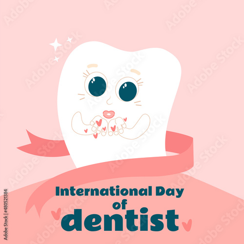 A cute and happy tooth blows a kiss in the mouth on a pink and healthy gum. Postcard International dentist day in cartoon flat children's style in gentle pink colors. Vertical festive banner.