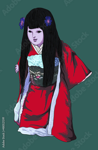 Drawing Japanese okiku doll, antique, creppy, art.illustration, vector