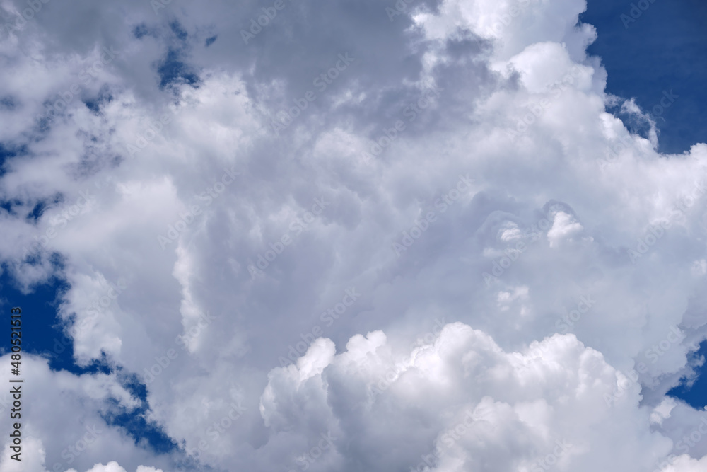 Bright landscape of white puffy cumulus clouds on blue clear sky Bright landscape of white puffy cumulus clouds on blue clear sky