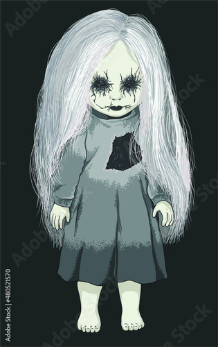 Drawing white hair scary doll, long hair, art.illustration, vector