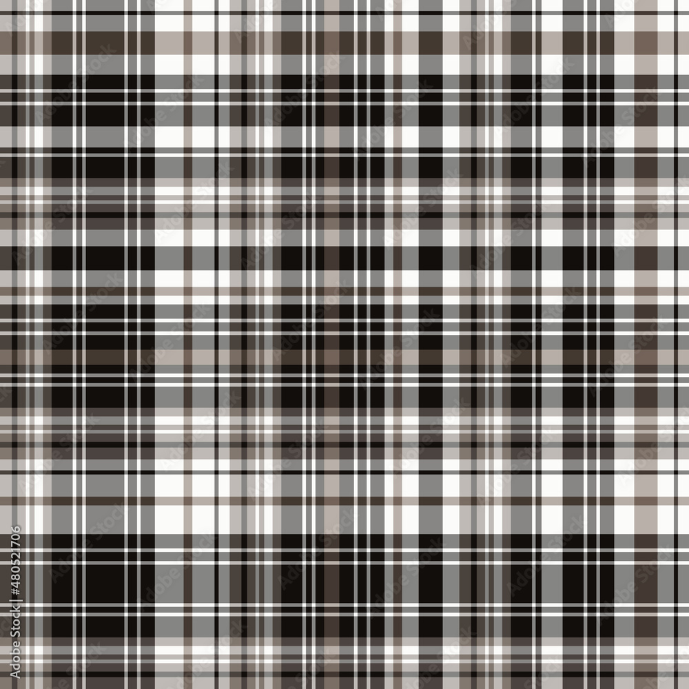 Seamless pattern in black, white and dark beige colors for plaid, fabric, textile, clothes, tablecloth and other things. Vector image.