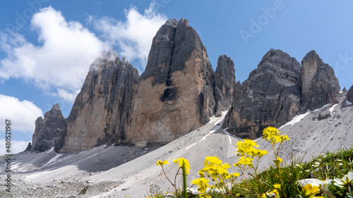 Amazing view of the wonderful 3 Cime di Lavaredo from the hiking trail. Dolomites in Italy. Wonderful nature contest. Alpine landscape. Western Alps. summer time