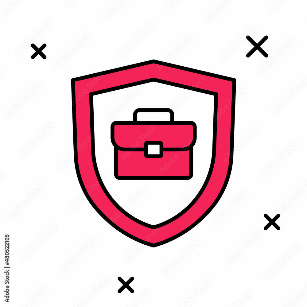 Filled outline Briefcase with shield icon isolated on white background. Insurance concept. Security, safety, protection, protect concept. Vector Filled outline Briefcase with shield icon isolated on white background. Insurance concept. Security, safety, protection, protect concept. Vector