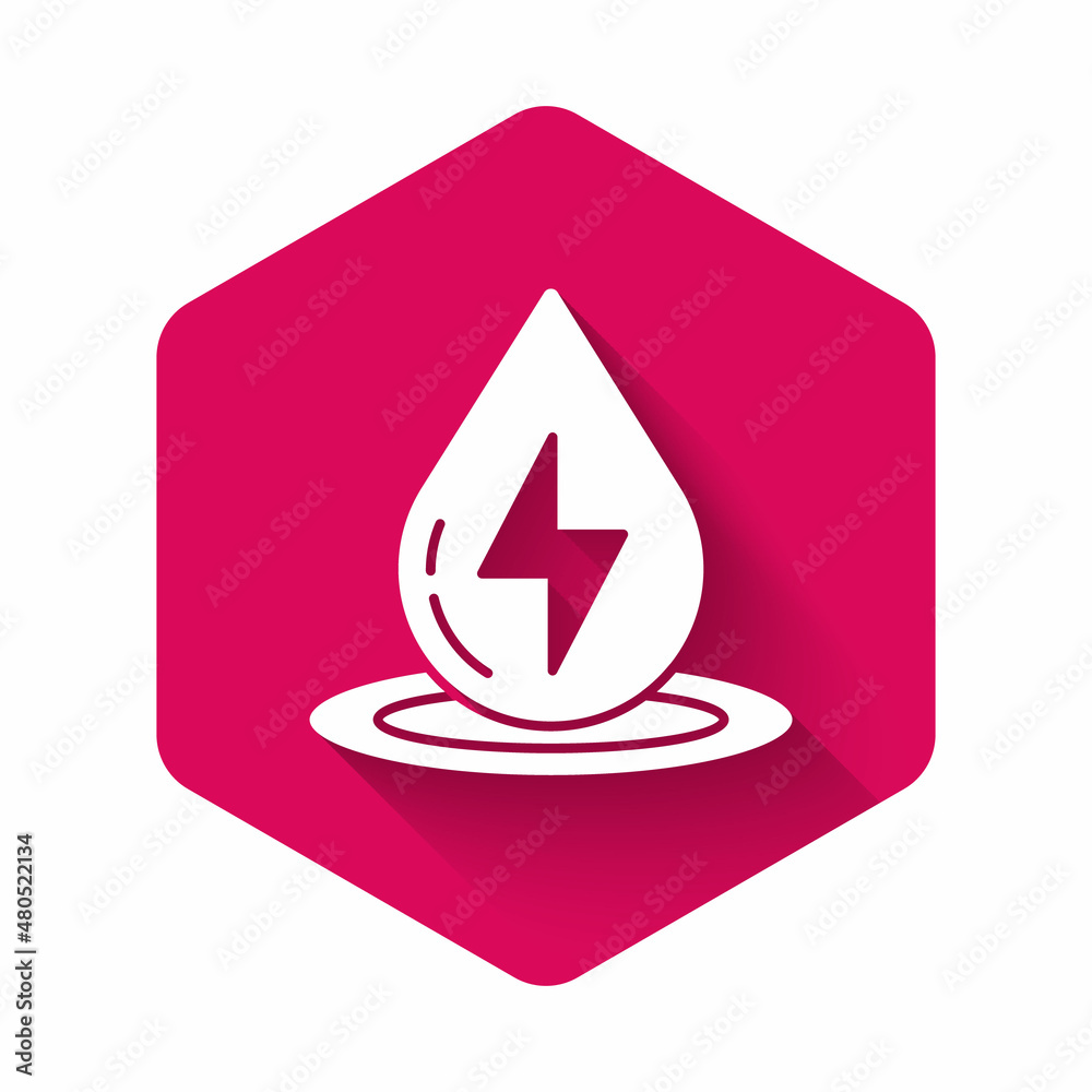 White Water energy icon isolated with long shadow. Ecology concept with water droplet. Alternative energy concept. Pink hexagon button. Vector White Water energy icon isolated with long shadow. Ecology concept with water droplet. Alternative energy concept. Pink hexagon button. Vector