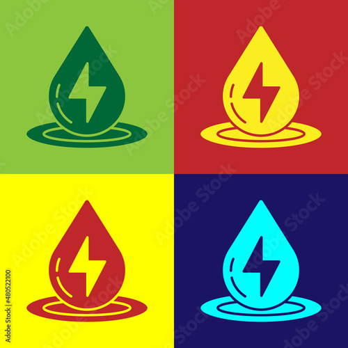 Pop art Water energy icon isolated on color background. Ecology concept with water droplet. Alternative energy concept. Vector
