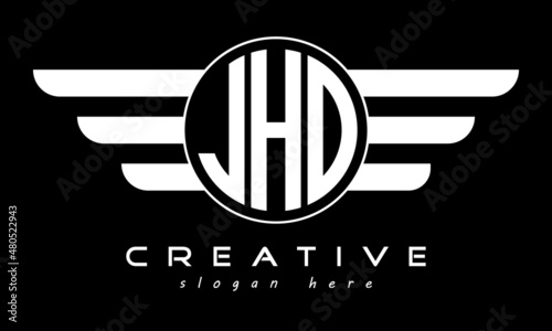 JHO three letter monogram type circle letter logo with wings vector template.