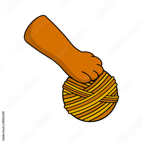 Cat paw hold skein of woolen threads. Hand caught ball. Cartoon illustration. Playful pet. Activity and fun of animal